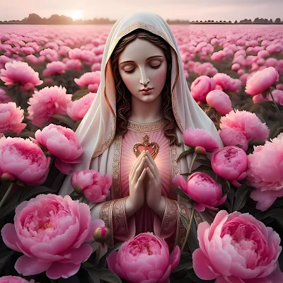 Imágen de la Virgen María en medio de un campo de peonías rosadas