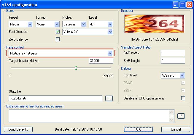 x264 configuration Dialog box in VirtualDub2 - 1st Pass