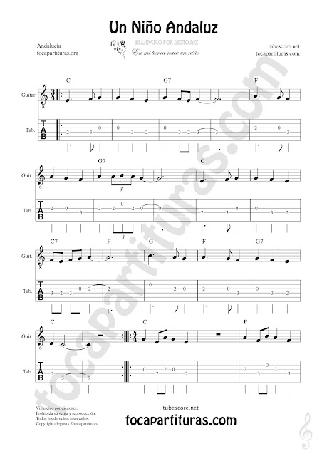  Tablatura y Partitura de Guitarra Punteo del Villancico Un Niño Andaluz Tablature Guitar Sheet Music with chords 