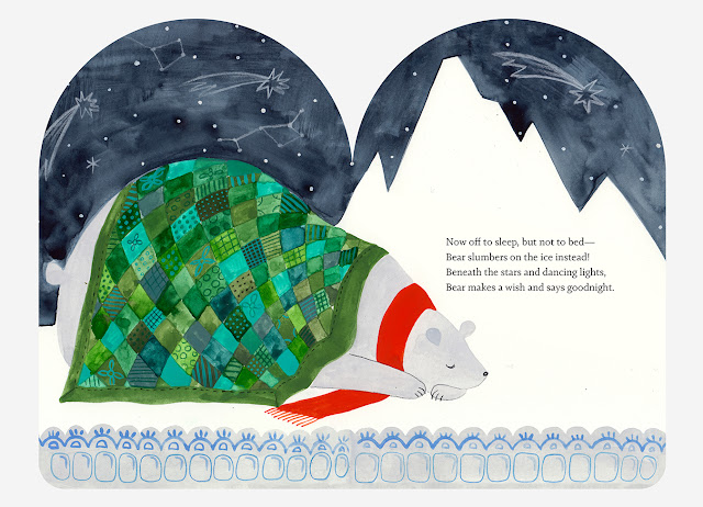 Polar Bear Illustrated by Dinara Mirtalipova is sleeping at night.  A story from North Pole Village written by Sabrina Makhsimova and Illustrated by Dinara Mirtalipova, published by Chronicle Books
