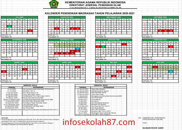 Download Kalender Pendidikan RA/Madrasah 2020/2021 Dirjen Pendis