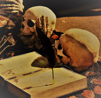 Two skulls sit next to an open book.