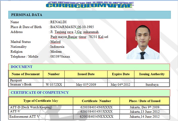 RIDWAN BORNEO BLOG'S: CONTOH CV LAMARAN KERJA PELAUT TERBARU