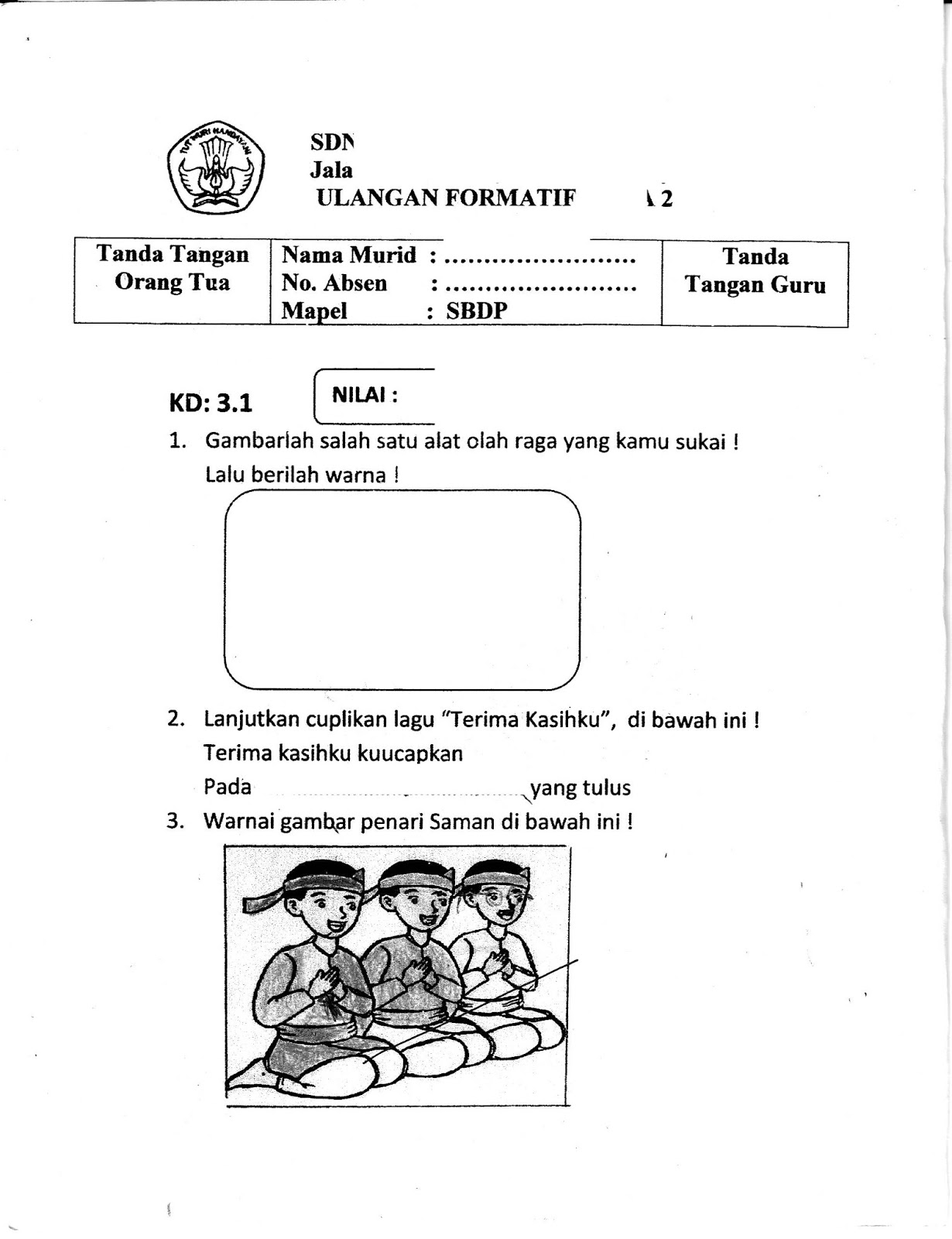 Formatif 2 SBDP SD Kelas 1 Semester Ganjil TA 2015 2016 Kurikulum 2013