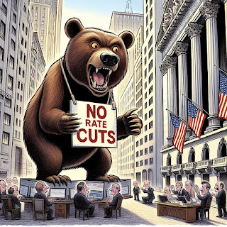 An editorial cartoon of a bear with a sign that says 'NO RATE CUTS' scaring Wall Street traders.