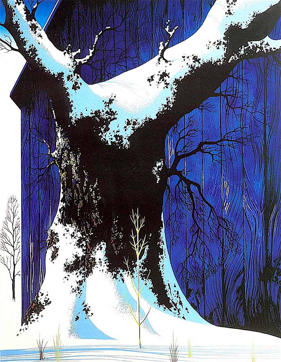 Eyvind Earle, giant tree with blue barn in winter