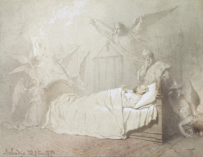 Alexander III on his Deathbed Surrounded by Angels, with a Weeping Youth Sumbolizing the Romanov Dynasty by Mihaly Zichy - Allegory Drawings from Hermitage Museum