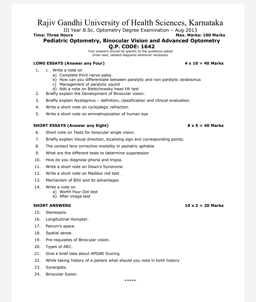 Bsc and diploma in optometry exam question paper