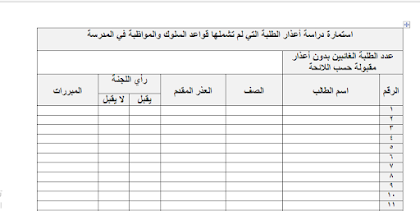 استمارة دراسة أعذار الطلبة التي لم تشملها قواعد السلوك والمواظبة في المدرسة