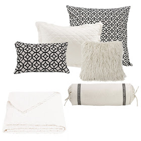 vintage white diamond pattern quilt, white mongolian fur pillow, Augsta Euro Sham and throw pillow