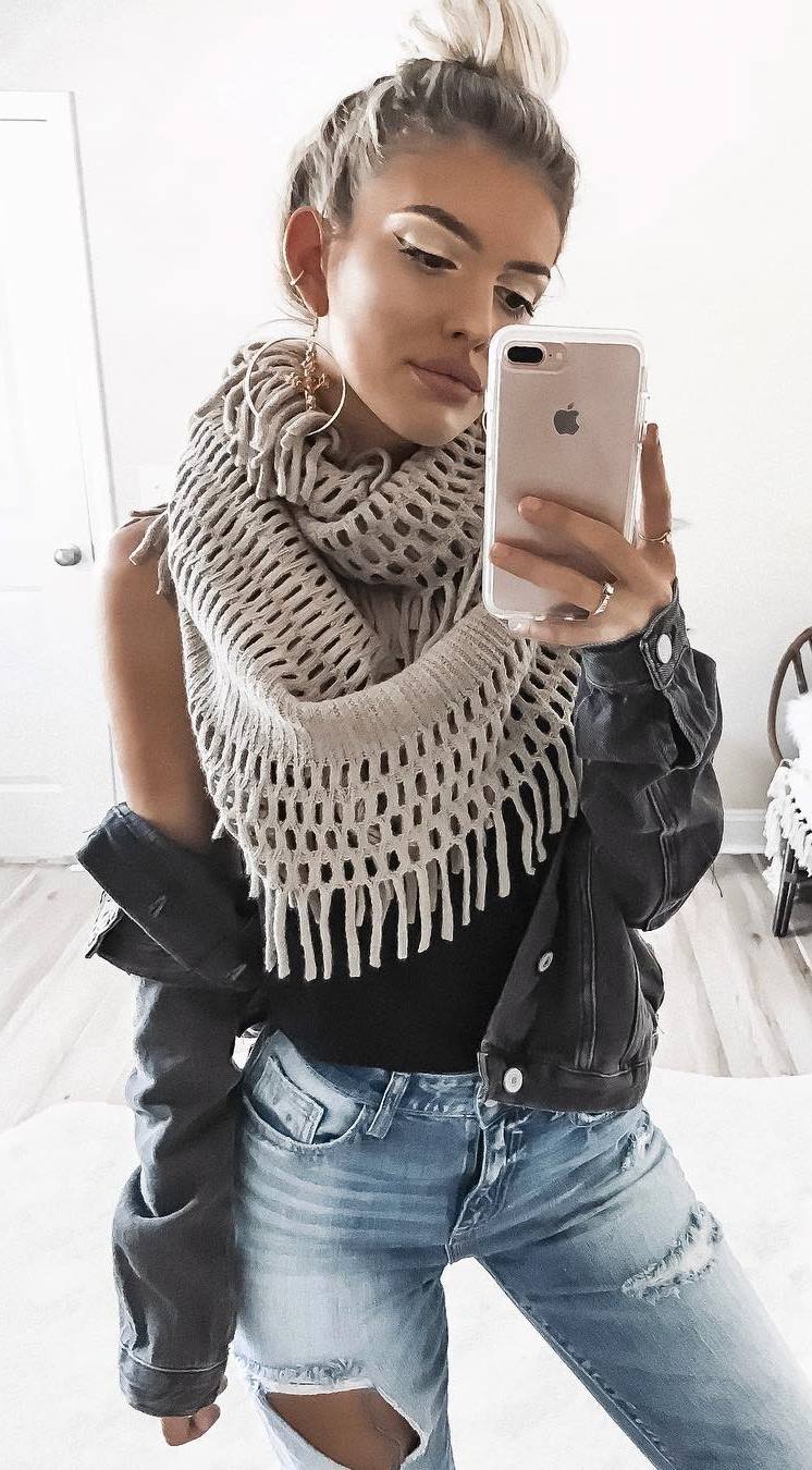 how to style a knit scarf : denim jacket + top + rips