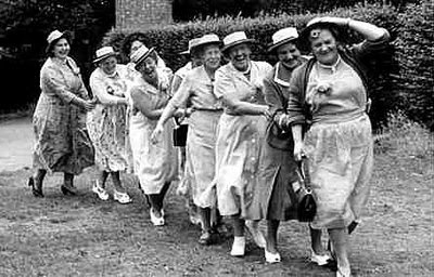 a conga line celebration is best done with high heels, hats, handbags, and corsages; a string of pearls is optional