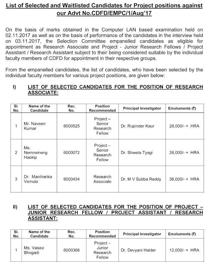 CDFD List of Selected/Waitlisted Candidates for Project Positions against our Advt No.CDFD/EMPC/1/Aug’17 