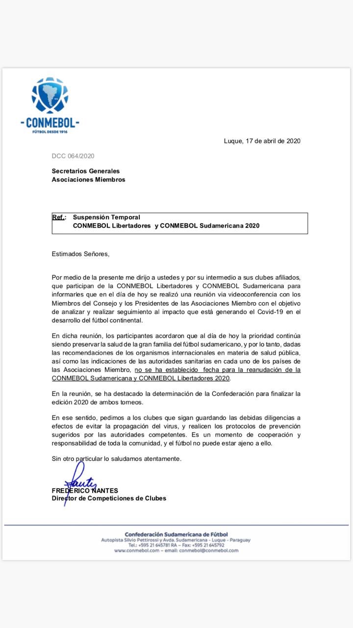 CONMEBOL  envió comunicado  a los clubes sobre Copa Libertadores y Sudamericana