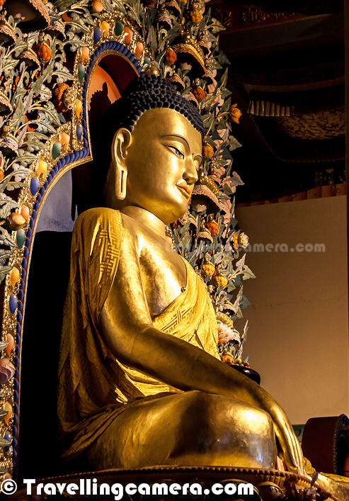 Here is a closer look at Golden Statute of Budha inside Monastery of Dzongsar Khyentse Rinpoche Institute @ Chauntra Town of Mandi District in Himachal Pradesh, India