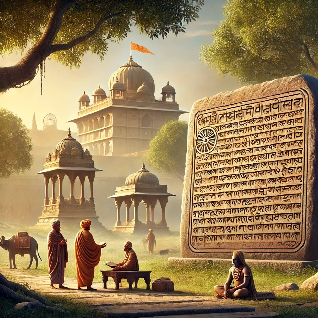 गढ़वा शिलालेख: राम पूजा के इतिहास में ऐतिहासिक और सांस्कृतिक मील का पत्थर। यह चित्र गढ़वा शिलालेख और उसके ऐतिहासिक संदर्भ का एक दृश्यात्मक प्रदर्शन है, जिसमें 11वीं सदी के धार्मिक और सांस्कृतिक महत्व को दर्शाया गया है।