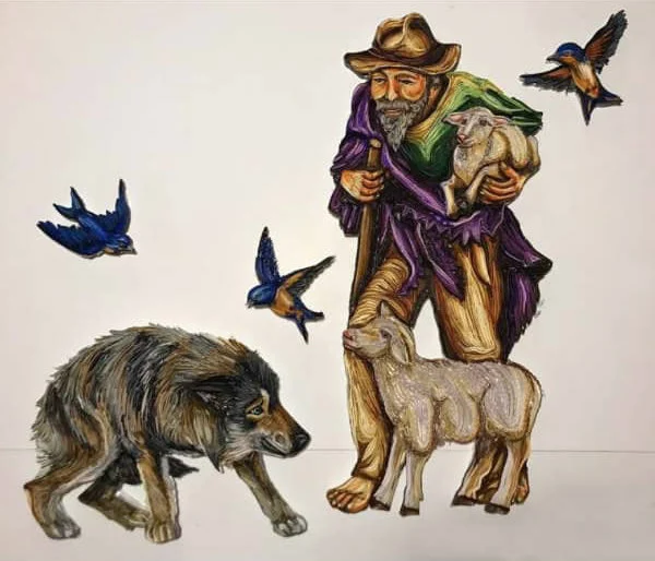 paper quilled portrait of elderly man holding walking stick and lamb surrounded by flying birds and another lamb while wolf with tail between legs looks at them