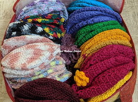 Sweet Nothings Crochet free crochet pattern blog, free crochet pattern for a chemo cap, photo of all the chemo caps donated,