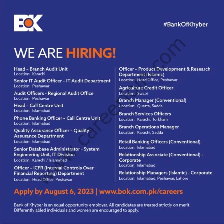Jobs in The Bank Of Khyber BOK