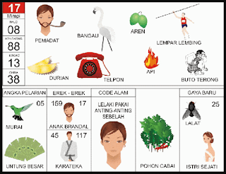 Buah-buahan yang juga berada dibawah angka main 17 adalah Durian, salah buah yang banyak digemari karena rasanya yang enak, dengan ciri banyak duri di kulitnya. Sementara itu Cabang olahraga yang terkait dengan angka main 17 adalah Lempar Lembing. Selain itu Aren juga termasuk dalam naungan angka main 17. Sedangkan Tokoh Pewayangan yang termasuk disini adalah Buto Terong.    Angka pelarian yang patut di perhatikan adalah 05, yang dilambangkan dengan Binatang Burung Murai dan Untung Besar. Sedangkan Erek Erek 3D yang berkaitan langsung adalah 117 - 159 yang dilambangkan dengan Anak Brandal dan Karateka. Nah, untuk kode alam adalah Lelaki Pakai Anting-anting Sebelah dan Pohon Cabai.