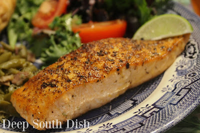 Salmon, simply seasoned and pan-seared in a hot cast iron skillet, then transferred to the oven to finish, producing a perfectly cooked, juicy, tender and flaky fillet.