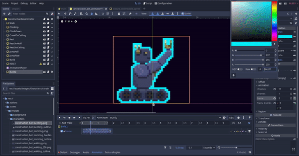 An animated GIF of a recording of the Godot scene editor showing a constructor-bot building animation with an outline that is being edited within the editor.