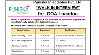 ITI, Diploma, Bsc, Msc, B Pharma, M Pharma Jobs Vacancies in Puniska Injectables Pvt. Ltd | Walk-In-Interview at Ahmedabad For Puniska Injectables Goa Plant