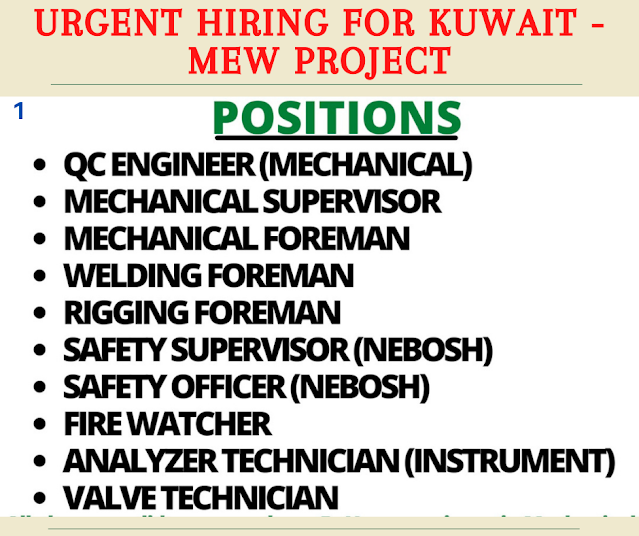 Urgent Hiring for Kuwait - MEW Project