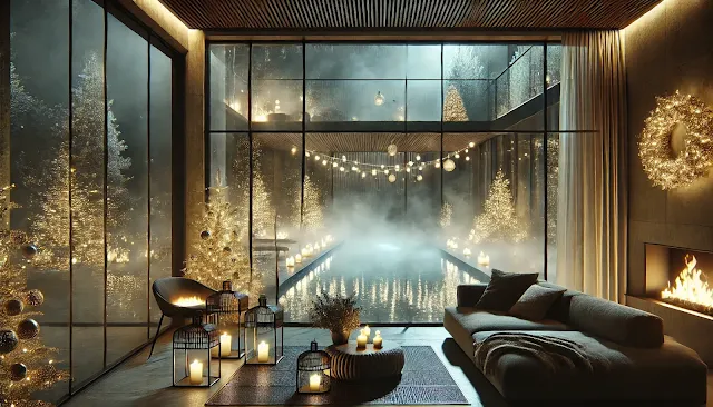 View from inside a modern, luxurious living room looking out at a steamy outdoor pool decorated for Christmas, with large windows framing the festive scene.
