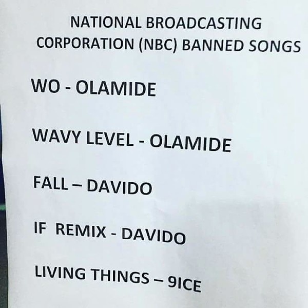 NBC Bans Olamide's Wo & Wavy Level, Davido's IF & Fall And 9ice's Living Things (See Reasons & Full List)