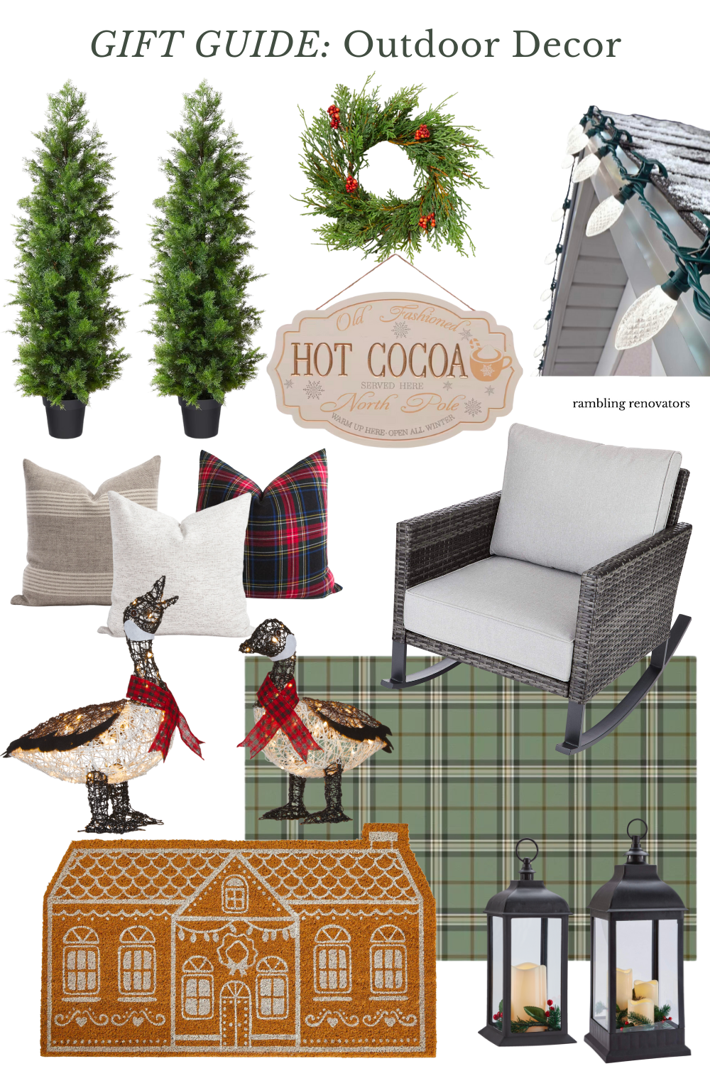 outdoor christmas decor with christmas door mat, plaid rug, porch trees, outdoor pillows