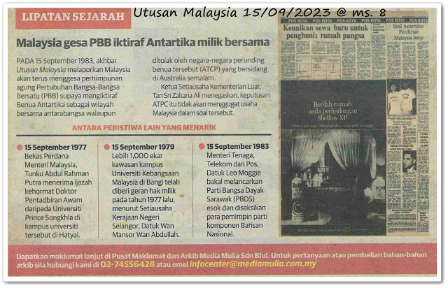 Lipatan sejarah 15 September - Keratan akhbar Utusan Malaysia 15 September 2023