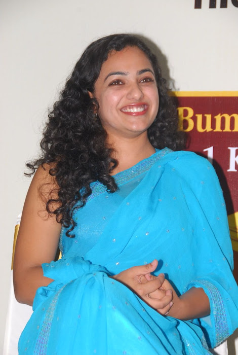 nitya menon spicy in blue saree glamour  images