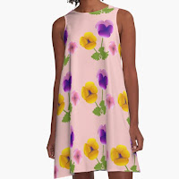 Dress with three pansies on a pink background