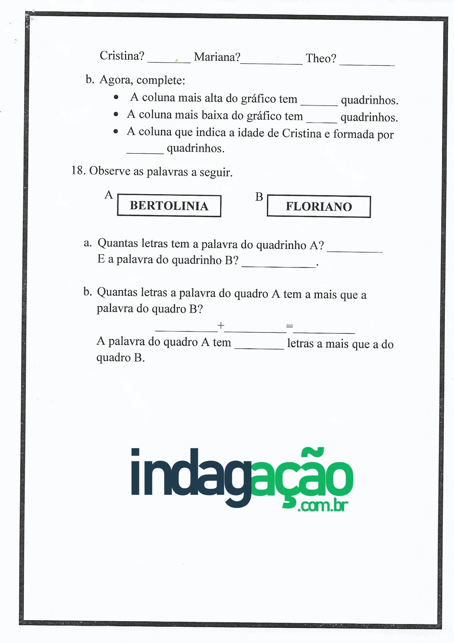 Atividade de Matemática: adição e subtração