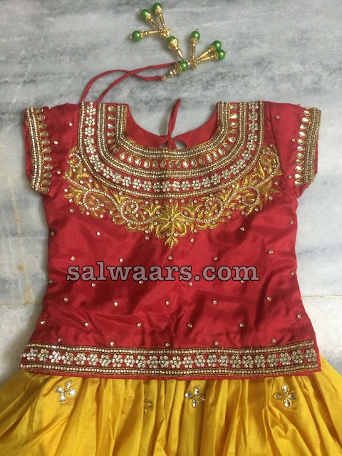 Yellow and Red Pure Silk Kids Lehenga