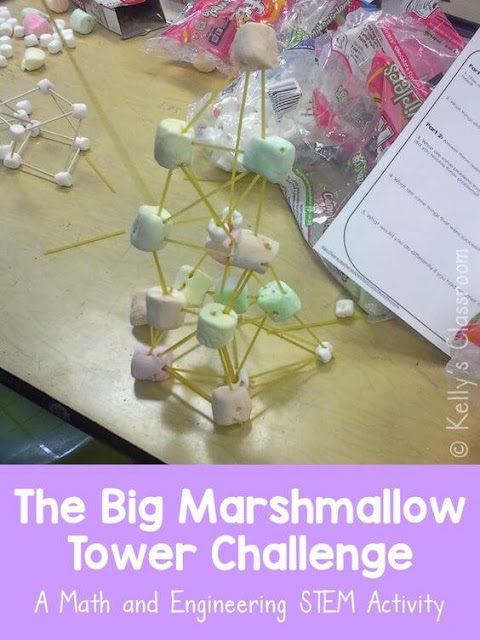 Students are teachers love this marshmallow tower STEM activity that reinforces geometry and engineering skills, teamwork, and problem-solving.