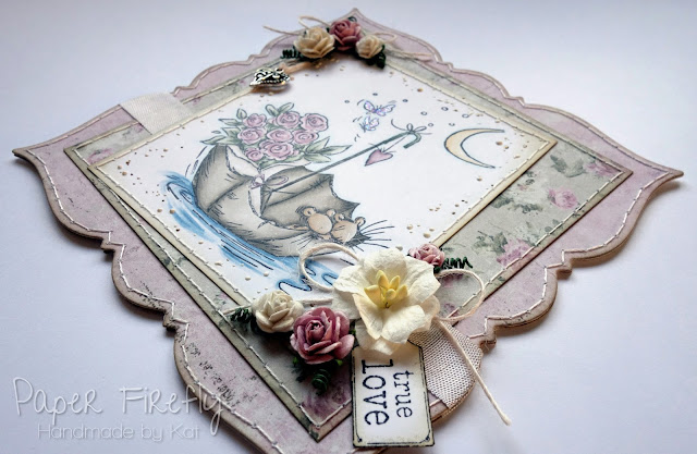 Romantic floral card featuring cute mice in an umbrella