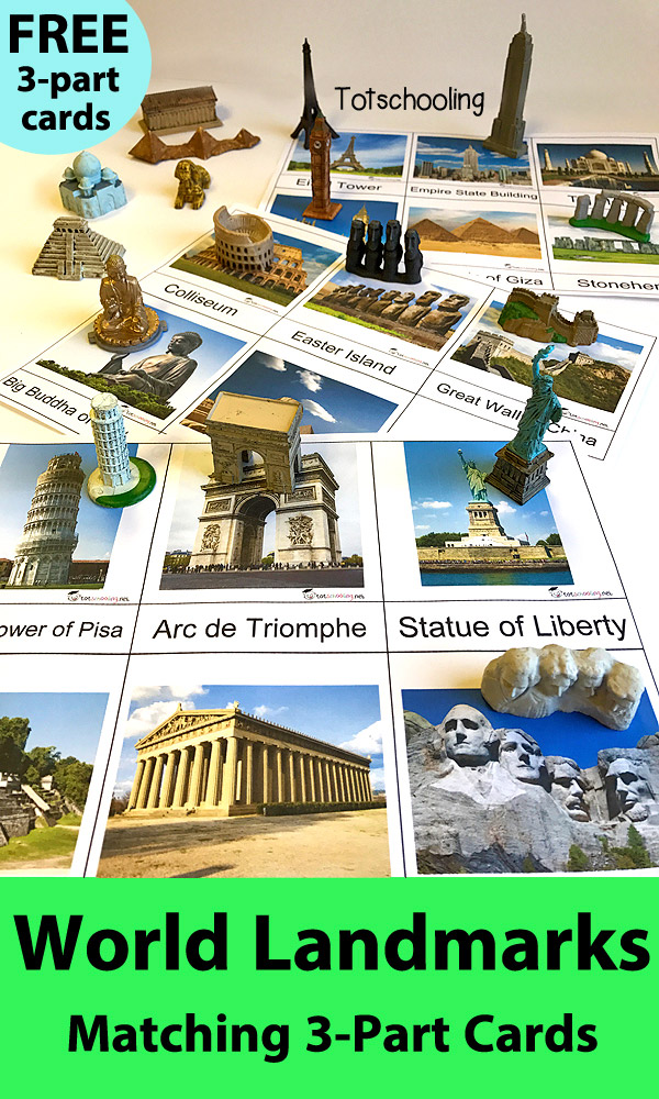 FREE Montessori-inspired world landmarks 3-part cards, perfect for object matching with Safari Ltd TOOB sets. Great geography and social studies activity. Features 17 famous landmarks including Eiffel Tower, Statue of Liberty, Pyramids of Egypt, Great Wall of China, Taj Mahal, Tower of Pisa, Mount Rushmore and more!