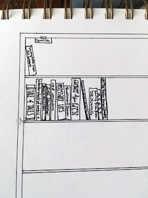 A close-up of the top of a white page in a brass spiral-bound notebook, with fine black penlines marking a bookshelf with hand-drawn book spines on it. The books are a variety of heights and widths, mostly standing upright, but some leaning on each other. The top shelf has a drawing of a label that reads "Spanish" and one book titled "La pequeña casa del bosque." The second shelf is half-full of English books.