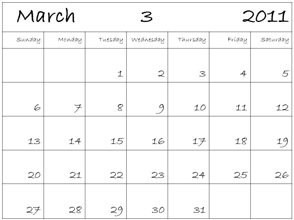 calendar march 2011 print. Blank Calendar March 2011