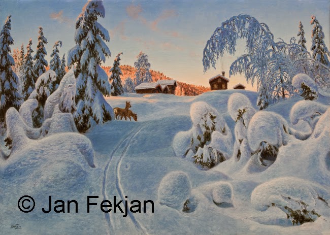 Bilde av digigrafiet 'Blåtimen'. Digitalt trykk laget på bakgrunn av et maleri. Et vintermotiv med snøtunge trær, to rådyr og en gård i bakgrunnen. Stilen kan beskrives som figurativ, nasjonalromantisk og realistisk. Bildet er i breddeformat.