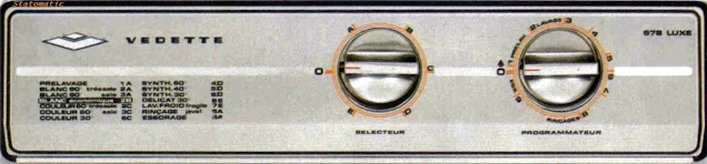 Un programmateur. Permet de choisir le cycle de lavage, avec prélavage ou normal sans prélavage, ou l'un des cycles complémentaires de rinçage, ou d'essorage. Il visualise le déroulement du cycle choisi et détermine automatiquement le temps de lavage. Un sélecteur. Permet d'adapter le cycle à la nature du linge. Il détermine automatiquement : - Le niveau d'eau (deux niveaux). Super économie d'eau (et donc de chauffage) grâce à l'utilisation d'un pressostat qui délivre automatiquement la quantité d'eau nécessaire en fonction de qualité et de la quantité de linge à laver. - La température maximale du bain de lavage (en fonction de la nature du linge) avec possibilité de lavage à froid. - Le type de brassage (deux cadences, normal ou doux). Consommation d'électricité. - Cycle le plus long (blanc 90°C très sale) 2,80kW/h. - Cycle blanc éco sans prélavage : 1,80kW/h. Documentation technique de la Vedette 678 Luxe disponible sur Statomatic.