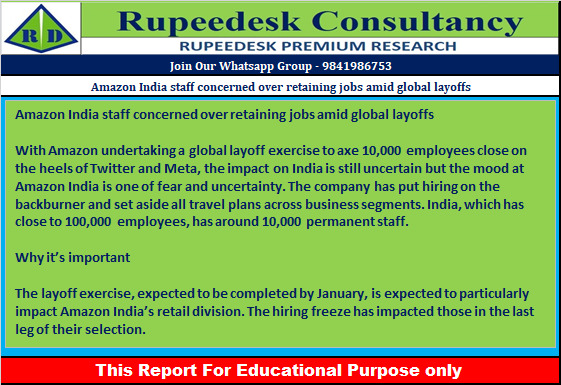 Amazon India staff concerned over retaining jobs amid global layoffs - Rupeedesk Reports - 17.11.2022