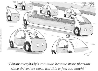 Cartoon showing a number of cars driving down a highway. One car contains a swimming pool in which a person is swimming. Two people view this from another car. Caption: "I know everybody's commute became more pleasant since driverless cars. But this is just too much!"