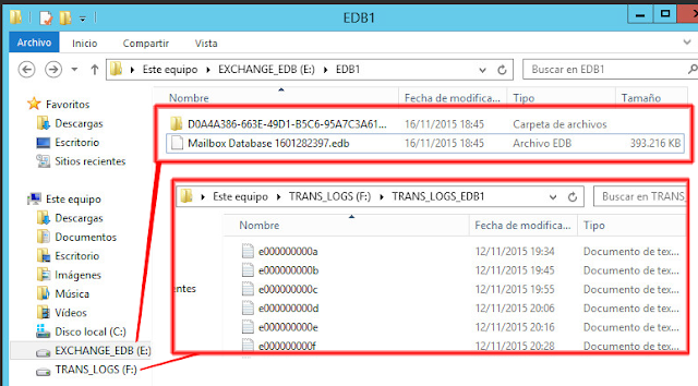 Comprobaremos tanto la base de datos de buzones de Exchange 2013 como los log de transacciones se encuentran en su ubicación final.