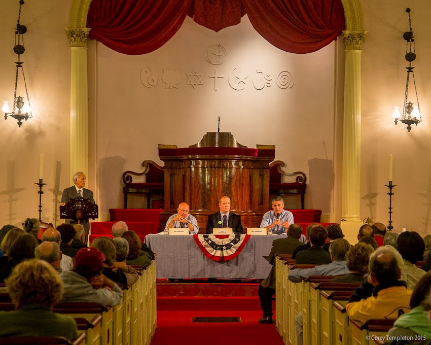 October 2015 Portland, Maine USA Mayoral Debate photo by Corey Templeton at the First Parish Church. Mayor Michael Brennan, Thomas MacMillan, and Ethan Strimling.