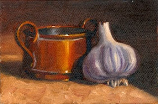 Oil painting of a miniature copper pot beside a bulb of garlic.