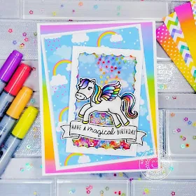 Sunny Studio Stamps: Prancing Pegasus Banner Basics Fancy Frame Dies Birthday Shaker Card by Ana Anderson
